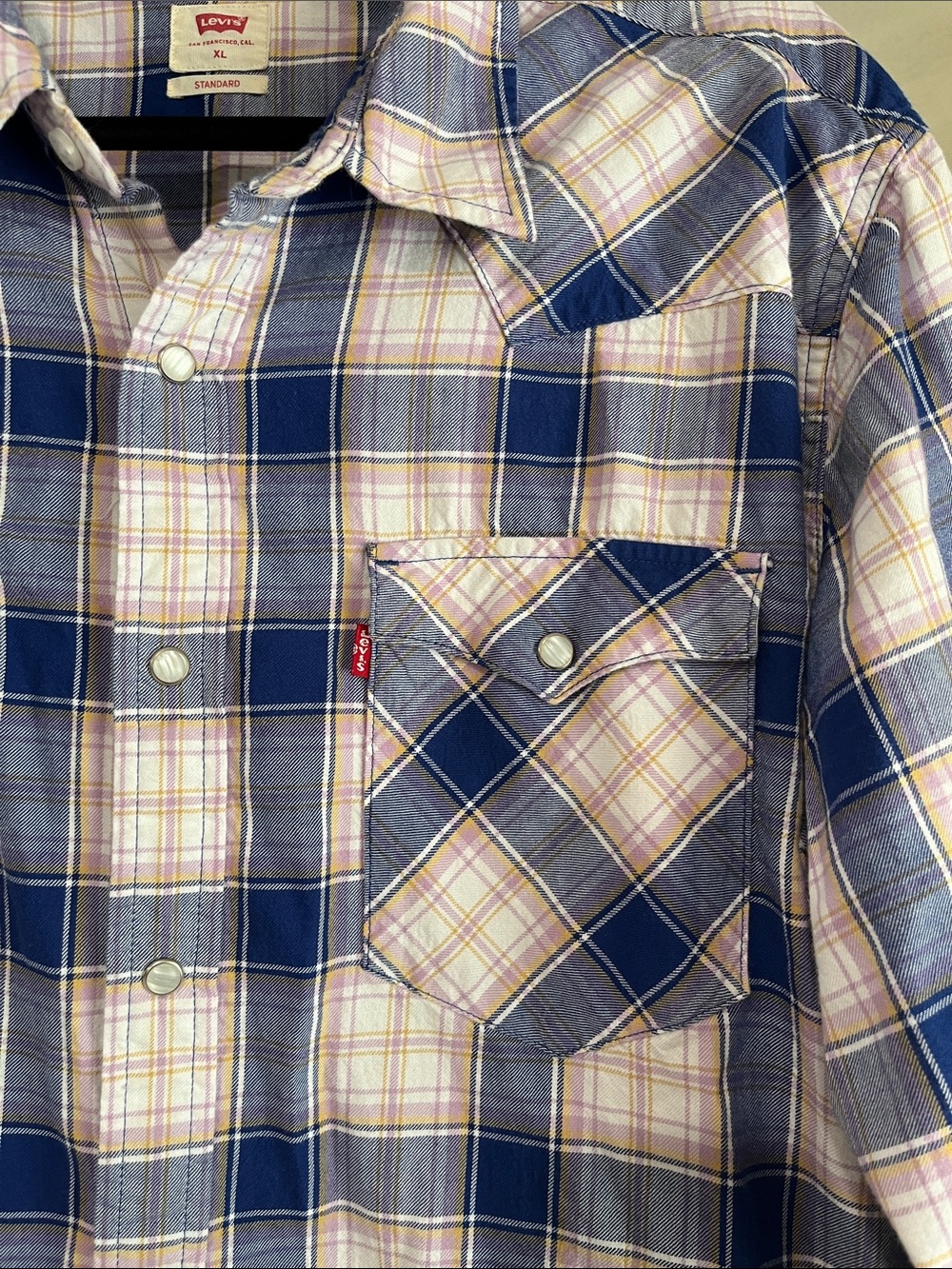 Levi's Men’s Western Blue, Purple Plaid Shirt White Pearl Snap Button - Picture 3 of 8